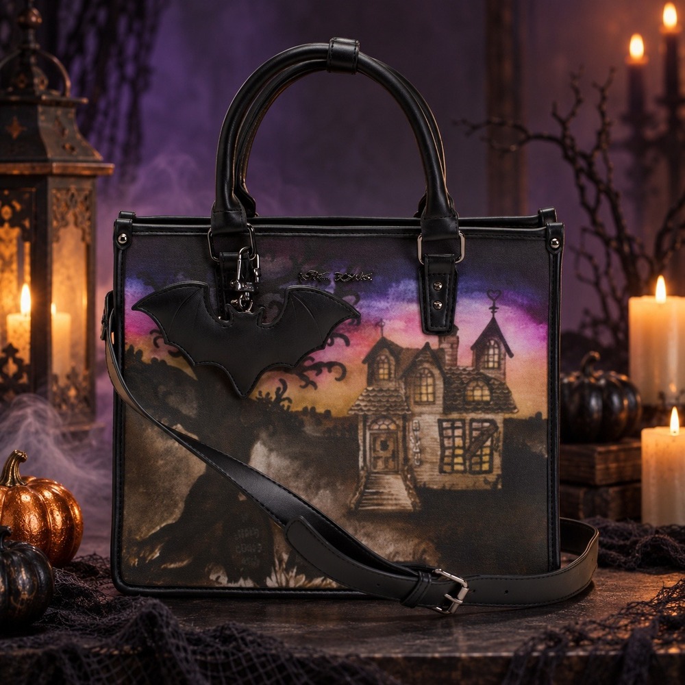 Betsey Johnson Haunted House Tote Women Medium Black Faux Leather Halloween Goth